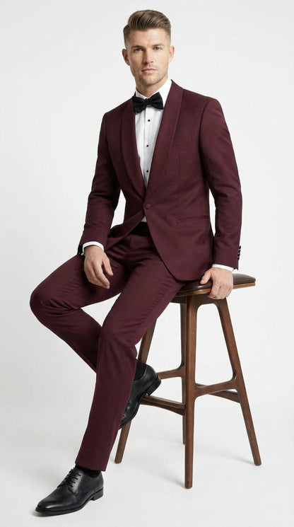 Men's Burgundy and Burgundy Shawl Lapel Tuxedo Suit | Classic Formal Wedding Prom Dinner Jacket Set
