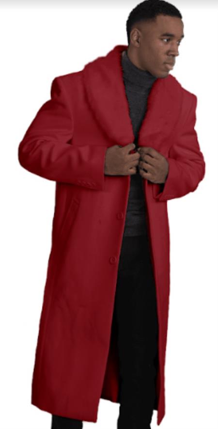 Mens Overcoat With Fur Collar - Burgundy Topcoat