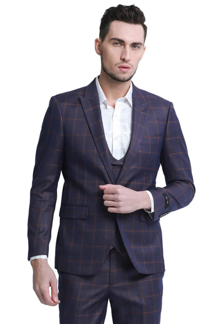 Cheap Suit - Men's One Button Fit Double Breasted Vest  Burgundy Plaid Suit