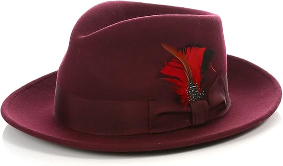 Gangster 100% Australian Wool Crushable Mens Fedora Hat - Removable Feather Gangster  Burgundy Mens Fedora Hat