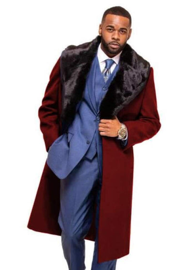 Burgundy Overcoat ~ Long men's Dress Topcoat - Winter coat With Fur Collar And Wool Fabric 1   - from alligatorwarehouse.com