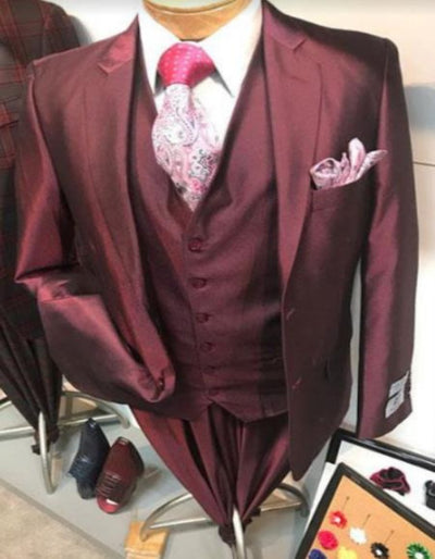 Burgundy Tuxedo - Maroon Burgundy Color - Shiny Burgundy Vested Suit - 3 Pieces Maroon Flashy Suit 1   - from alligatorwarehouse.com