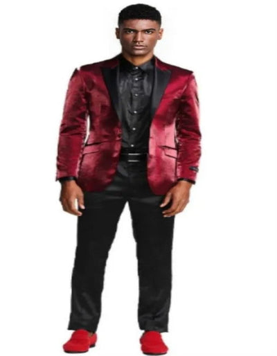 Burgundy Tuxedo - Maroon Burgundy Color - Shiny Tuxedo - Shiny Suit With Black Pants And Matching Bowtie Burgundy 1   - from alligatorwarehouse.com