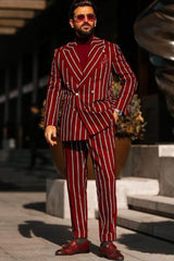 Burgundy Pinstripe Suit - Mens 1920s Gangster Pinstripe Suit - Peak Lapel Chalk Pinstripe