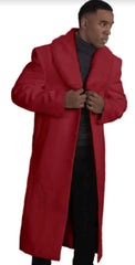 Mens Overcoat with Fur Collar - Single Breasted Burgundy Topcoat