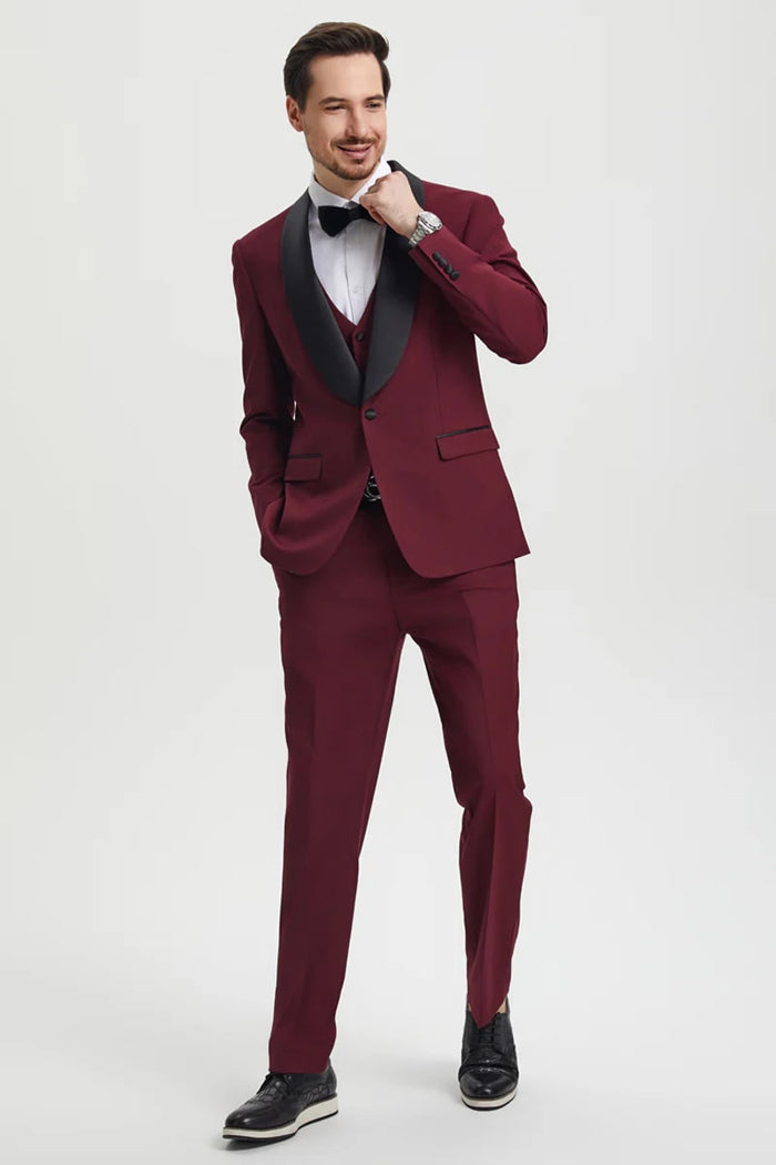 Mens Burgundy Prom Tuxedo - Maroon Wedding Dinner Designer Suit