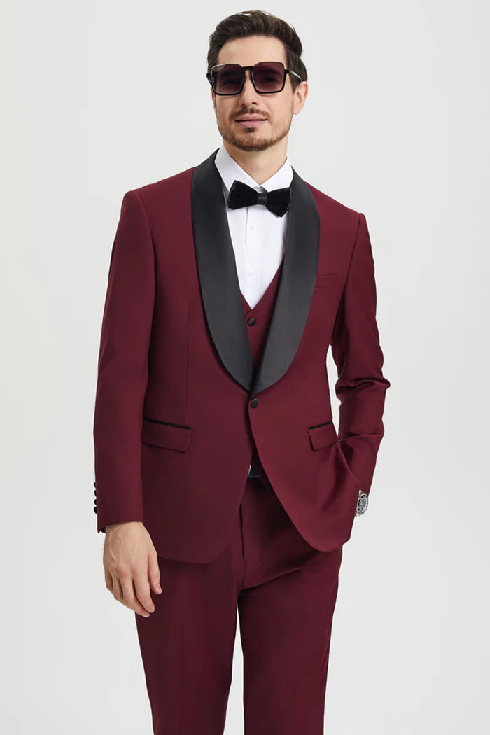 Mens Burgundy Prom Tuxedo - Maroon Wedding Dinner Designer Suit