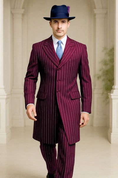 Mens Burgundy Pinstripe Suit – Classic Long Coat Style with White Stripes 1   - from alligatorwarehouse.com