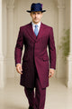 Mens Burgundy Pinstripe Suit – Classic Long Coat Style with White Stripes