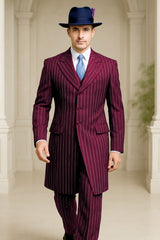 Mens Burgundy Pinstripe Suit – Classic Long Coat Style with White Stripes