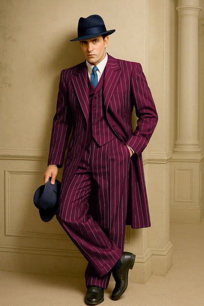 Mens Burgundy Pinstripe Suit – Classic Long Coat Style with White Stripes 2   - from alligatorwarehouse.com
