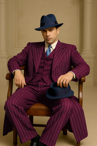 Mens Burgundy Pinstripe Suit – Classic Long Coat Style with White Stripes 3   - from alligatorwarehouse.com