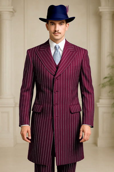 Mens Burgundy Pinstripe Suit – Classic Long Coat Style with White Stripes 4   - from alligatorwarehouse.com