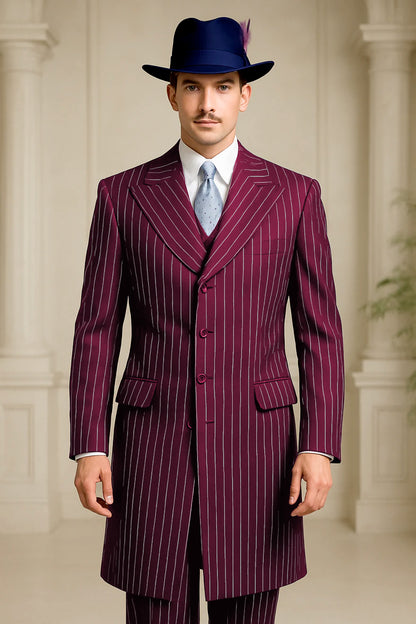 Mens Burgundy Pinstripe Suit – Classic Long Coat Style with White Stripes