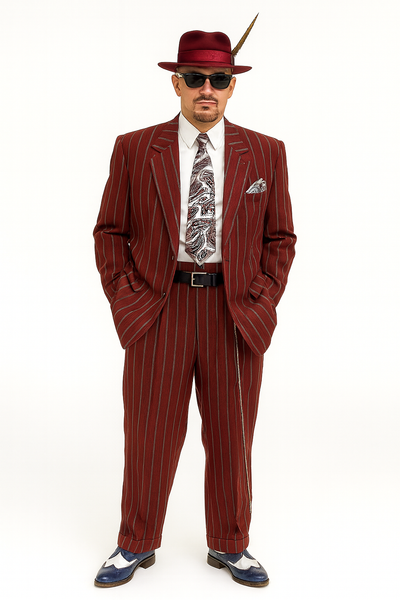 Burgundy Pinstripe Zoot Suit – 3 Piece 1920s/1930s Gangster Outfit (Jacket and Pants and Vest)  Vintage Fashion 9   - from alligatorwarehouse.com