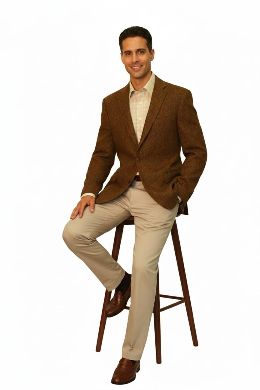 Mens Burnt Orange Harris Tweed Blazer – Classic Wool Check Pattern Formal and Casual Jacket in Brown Rustish Copper Color
