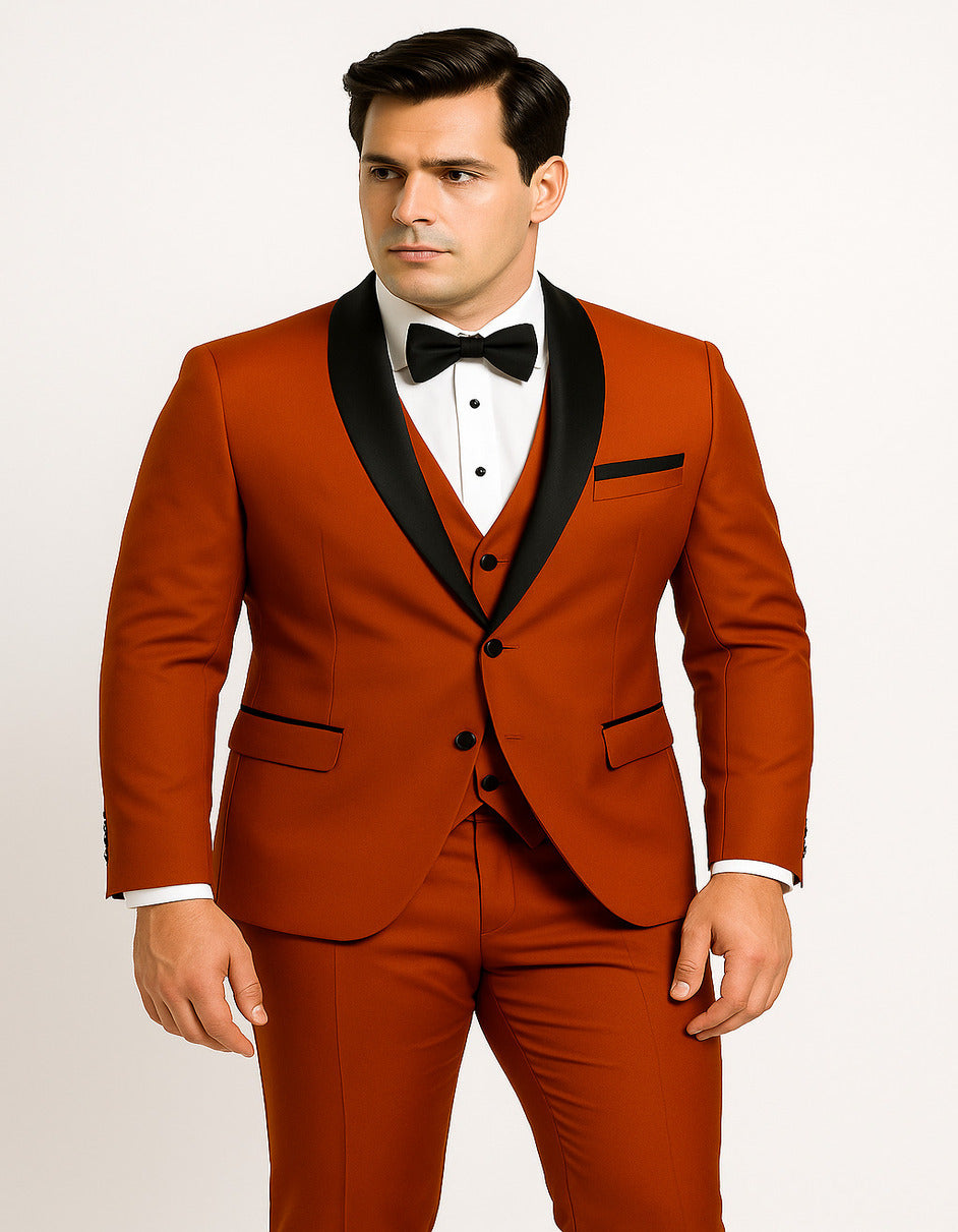 Men's Burnt Orange Tuxedo Suit ƒ?? 3-Piece Slim Fit with Black Satin Shawl Lapel