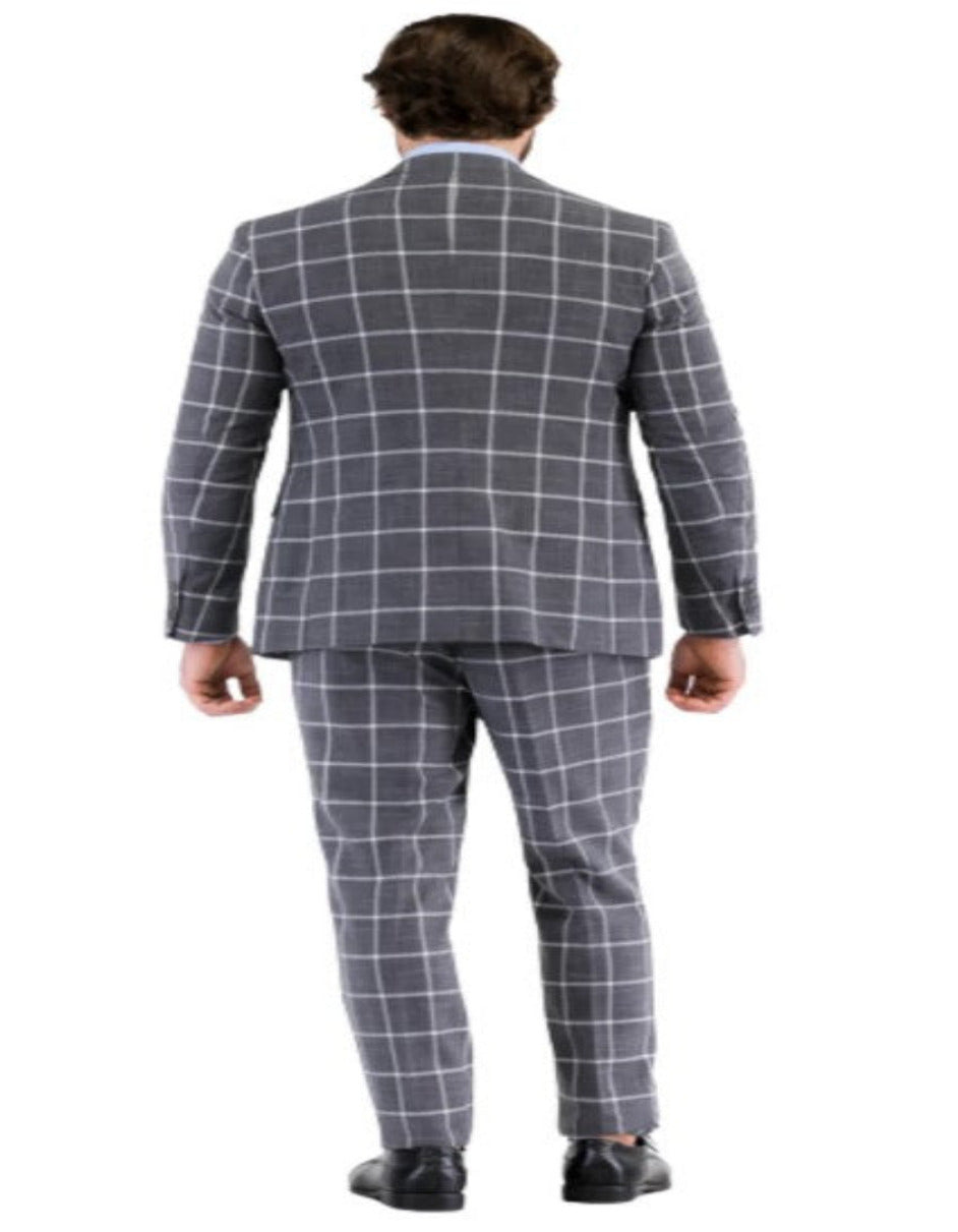 Mens Plaid Suit - Windowpane Pattern With Vest - Business Suit Grey