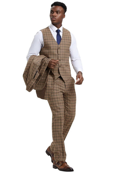 Men's Stacy Adams Vested Modern Fit Houndstooth Glen Plaid Suit in Camel & Green 5 SM162H1-01-38R  - from alligatorwarehouse.com