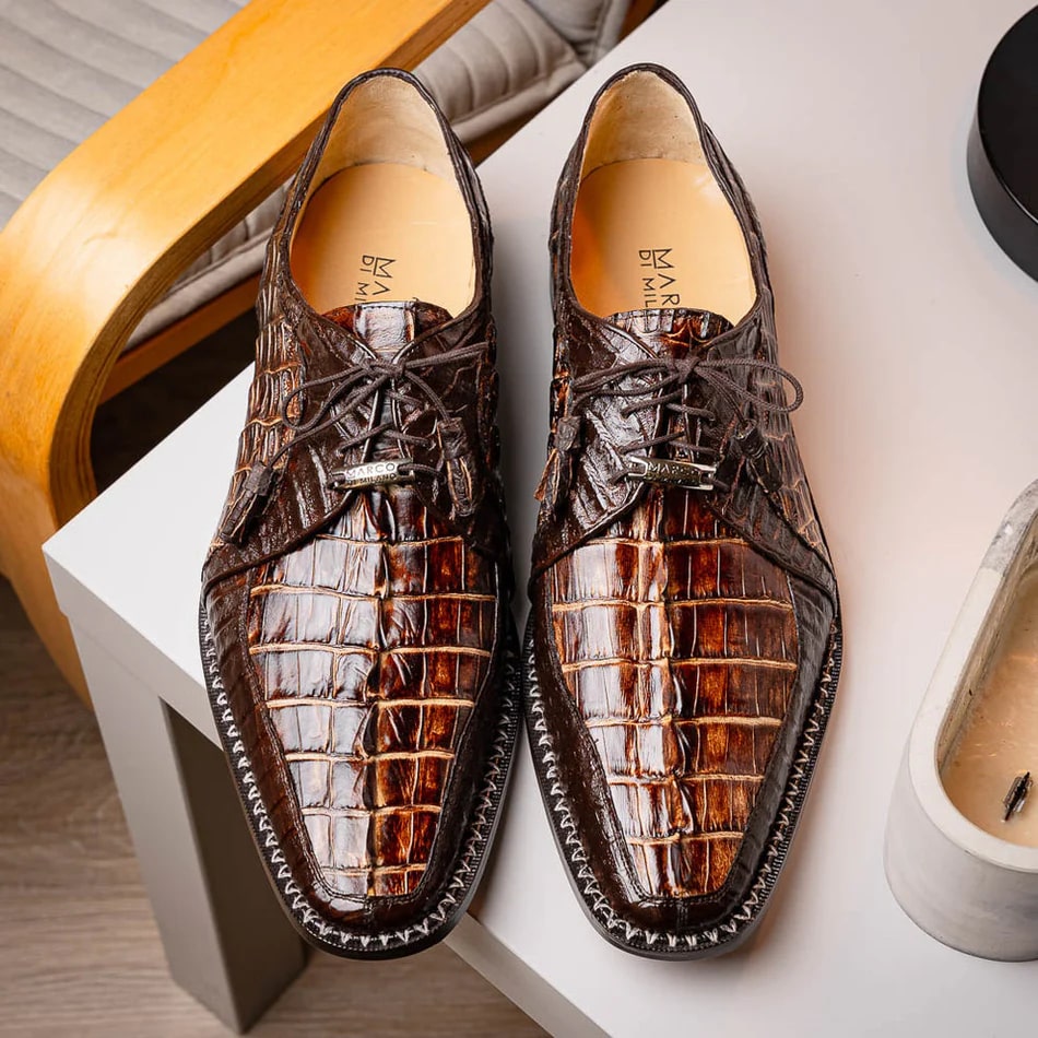 Marco Di Milano Caribe Men's Shoes Orix & Brown Exotic Hornback Crocodile Skin Derby Oxfords