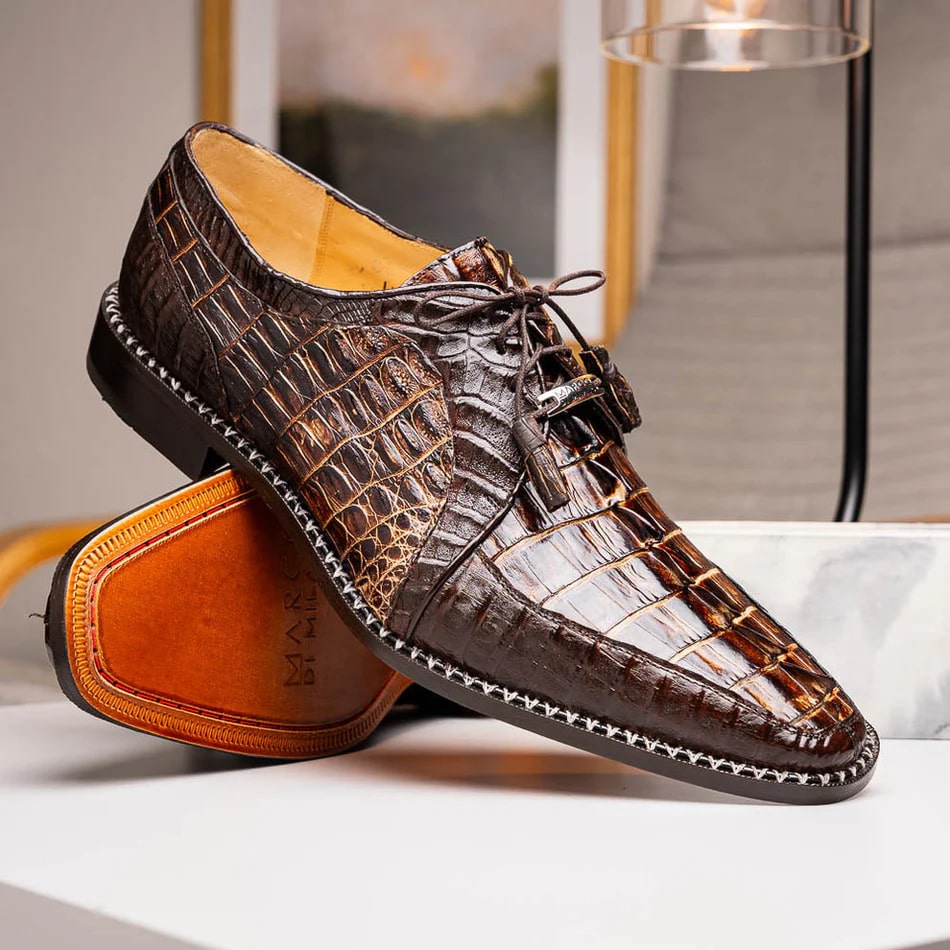 Marco Di Milano Caribe Men's Shoes Orix & Brown Exotic Hornback Crocodile Skin Derby Oxfords