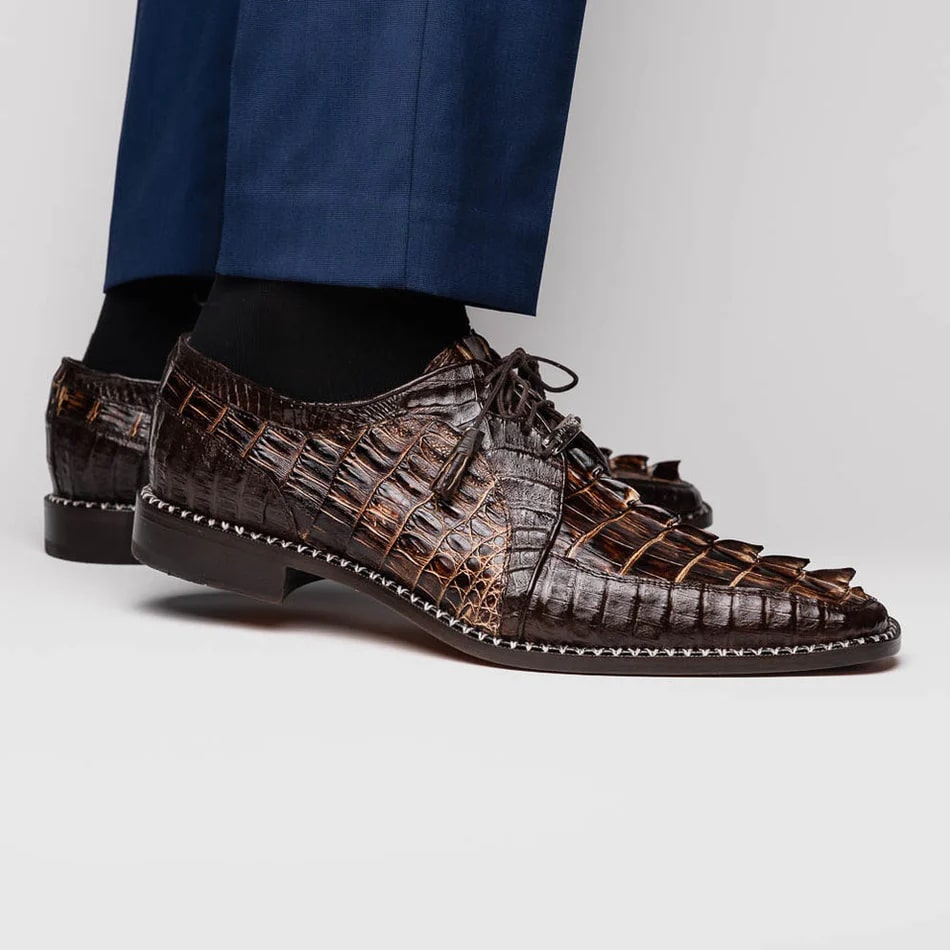 Marco Di Milano Caribe Men's Shoes Orix & Brown Exotic Hornback Crocodile Skin Derby Oxfords