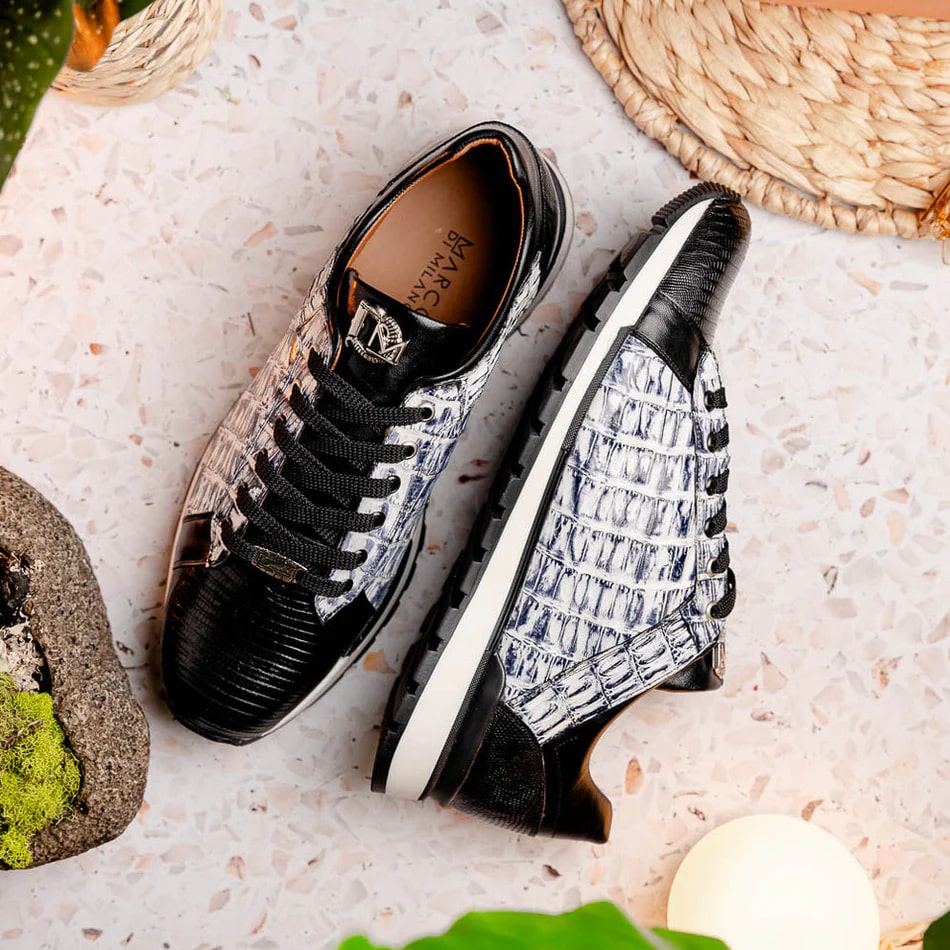 Marco Di Milano Portici Men's Shoes Newspaper & Black Exotic Lizard / Crocodile Casual Sneakers