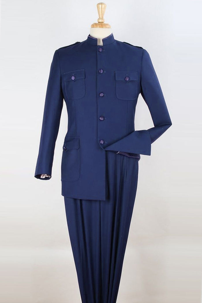 Apollo King Navy Safari Suit Shoes: Military-Inspired Mandarin Banded