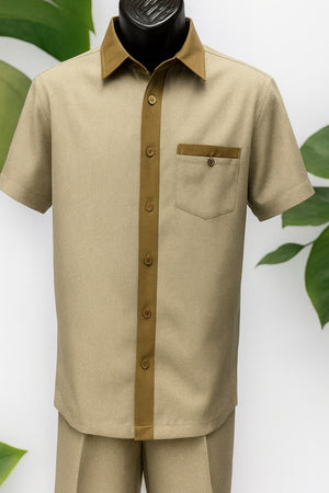 Mens Camel Beige Houndstooth Short Sleeve Walking Suit