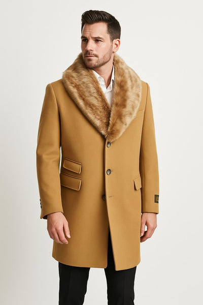 Mens Camel Overcoat with Light Faux Fur Collar – Single-Breasted Wool Dress Coat 1   - from alligatorwarehouse.com