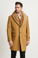 Mens Camel Overcoat with Light Faux Fur Collar – Single-Breasted Wool Dress Coat