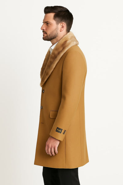 Mens Camel Overcoat with Light Faux Fur Collar – Single-Breasted Wool Dress Coat 2   - from alligatorwarehouse.com