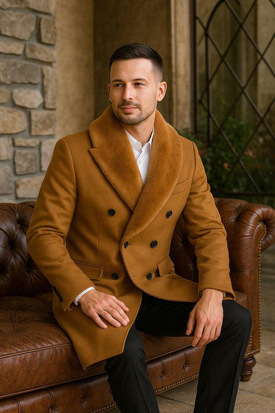 Mens Camel Wool Overcoat with Faux Fur Shawl Collar – Double-Breasted Winter Dress Coat 3   - from alligatorwarehouse.com