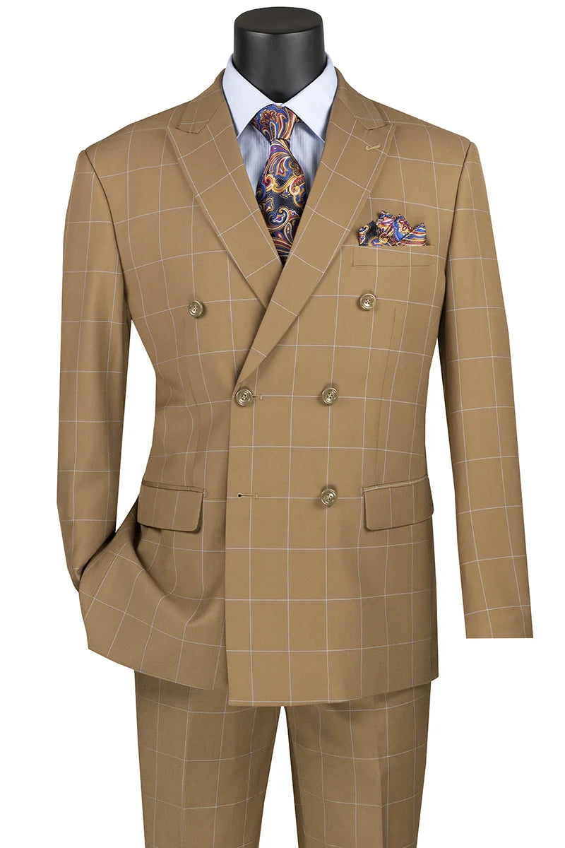 Camel Modern Fit Double Breasted Windowpane Peak Lapel 2 Piece Suit 1 SO1MDW-1_Camel_38S  - from alligatorwarehouse.com