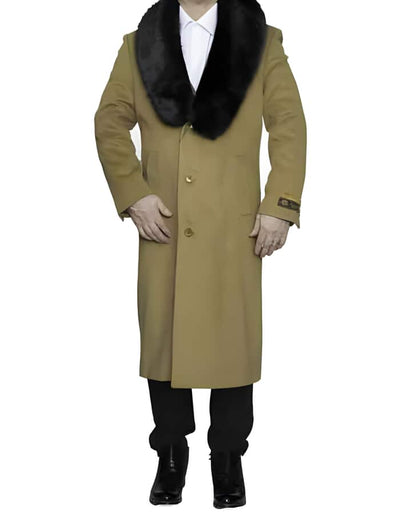 Removable Fur Collar Ankle length Wool Top Coat/Overcoat Camel | Winter men's Topcoat Sale 1   - from alligatorwarehouse.com