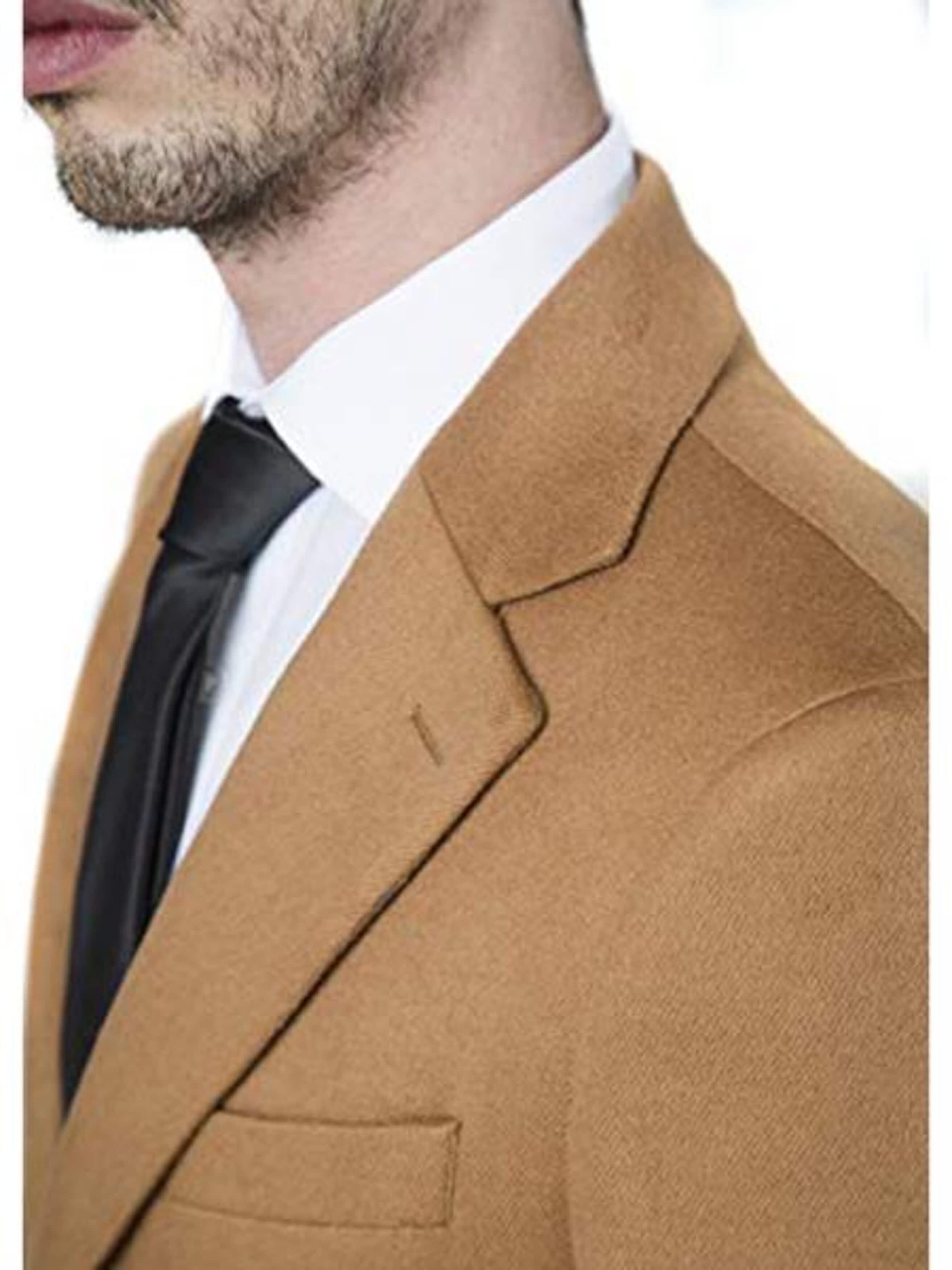 Men's Modern Fit Polyester ~ Viscose ~ Spandex Camel Long men's Dress Topcoat - Winter coat