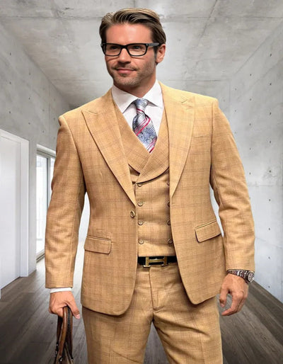 Men's Designer Camel Wool Suit with Double Breasted Windowpane Plaid Suit 1   - from alligatorwarehouse.com