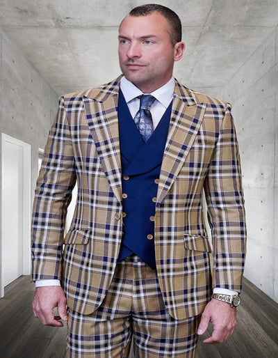 Men's Designer Wool Vested Peak Lapel Camel Windowpane Plaid Suit 1   - from alligatorwarehouse.com