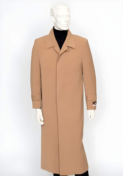 Men’s Camel Full Length All Weather Coat, 4 Button Duster Maxi Dress Coat