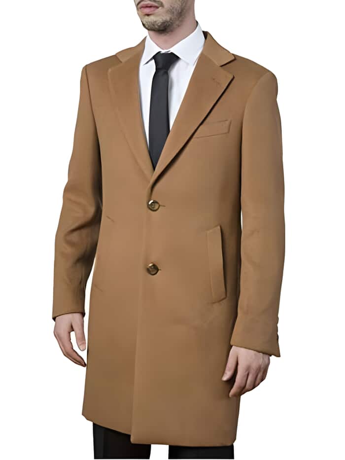 Men's Modern Fit Polyester ~ Viscose ~ Spandex Camel Long men's Dress Topcoat - Winter coat