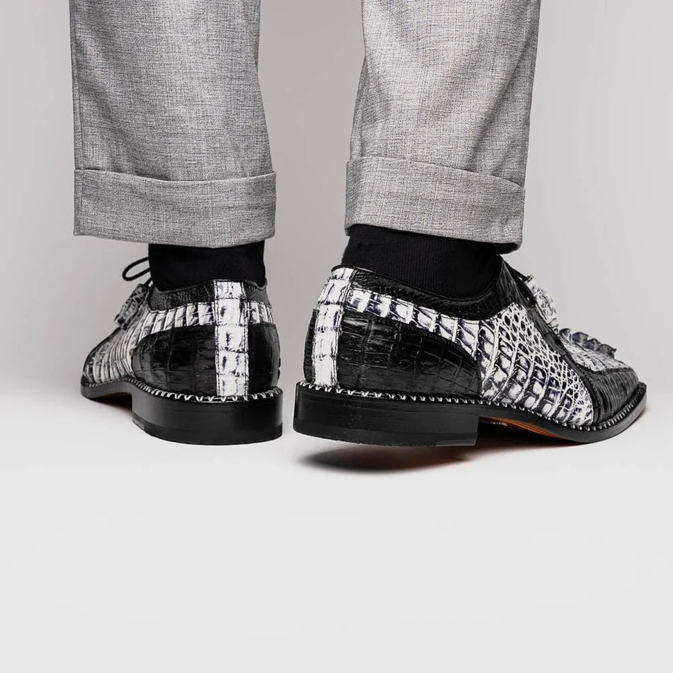 Marco Di Milano Caribe Men's Shoes Newspaper & Black Exotic Hornback Crocodile Skin Derby Oxfords