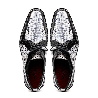 Marco Di Milano Caribe Men's Shoes Newspaper & Black Exotic Hornback Crocodile Skin Derby Oxfords 3 CARIBE_CAIMAN FUSCUS_NEWSPAPER/BLACK_8.5  - from alligatorwarehouse.com