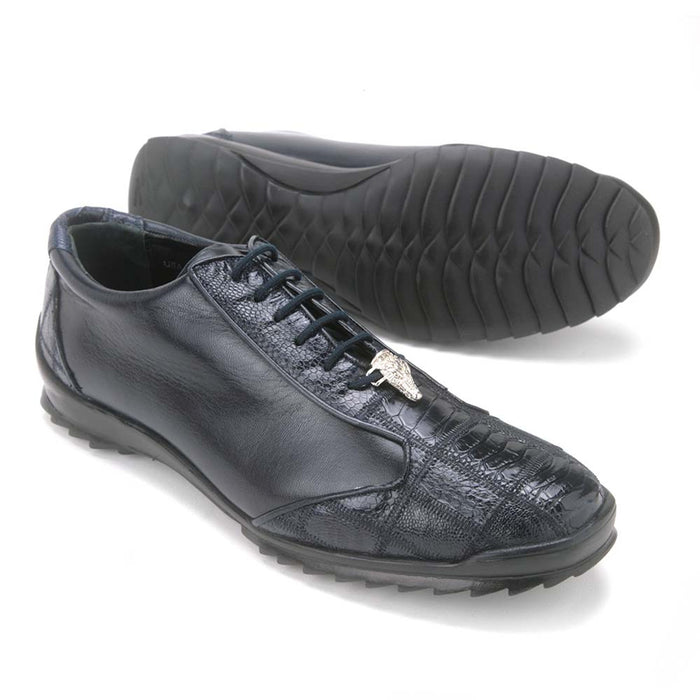 Los Altos Men’s Navy Genuine Ostrich Casual Sneakers, Exotic Lace-Up Dress Shoes