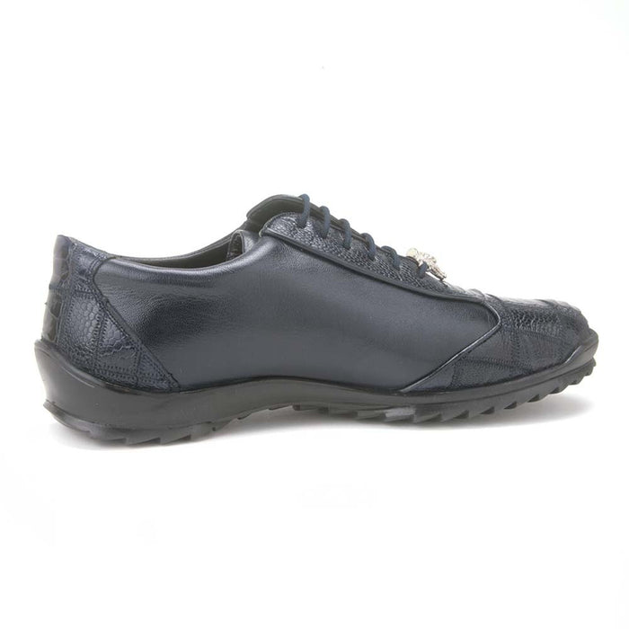 Los Altos Men’s Navy Genuine Ostrich Casual Sneakers, Exotic Lace-Up Dress Shoes