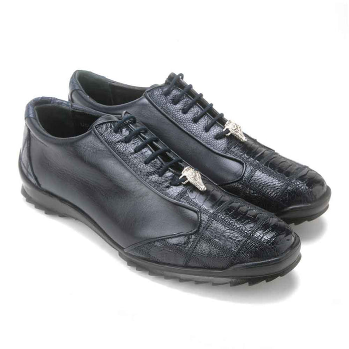 Los Altos Men’s Navy Genuine Ostrich Casual Sneakers, Exotic Lace-Up Dress Shoes