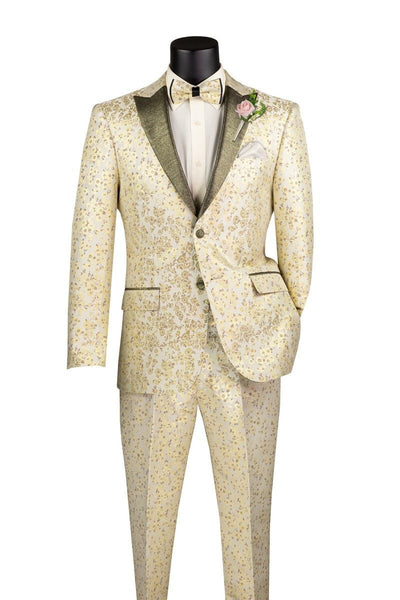 Champagne Gold Floral Tuxedo Suit for Men – Two-Piece Wedding Tux with Bow Tie and Satin Lapel 2   - from alligatorwarehouse.com