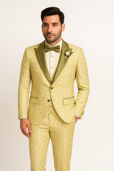 Champagne Gold Floral Tuxedo Suit for Men – Two-Piece Wedding Tux with Bow Tie and Satin Lapel 1   - from alligatorwarehouse.com