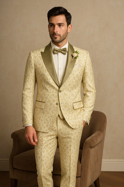 Champagne Gold Floral Tuxedo Suit for Men – Two-Piece Wedding Tux with Bow Tie and Satin Lapel 3   - from alligatorwarehouse.com