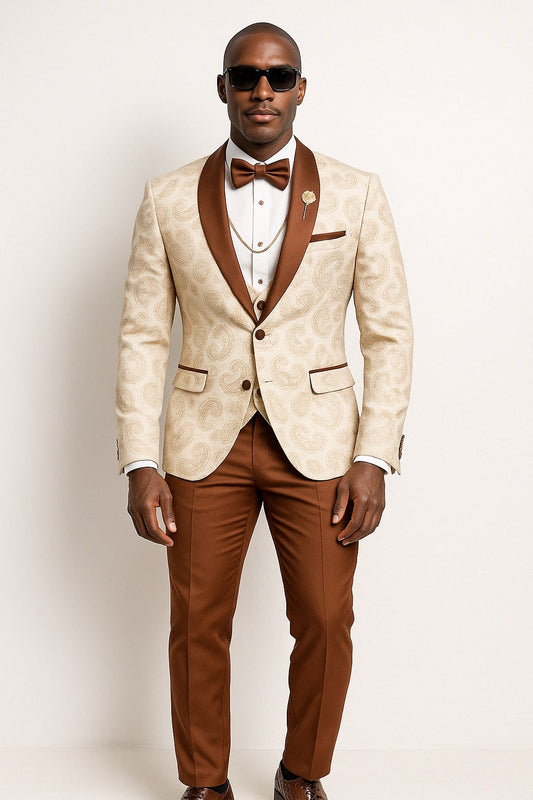 Mens Champagne Paisley Tuxedo with Brown Satin Lapel and Pants ƒ?? Formal Wedding Suit with Chain Brooch