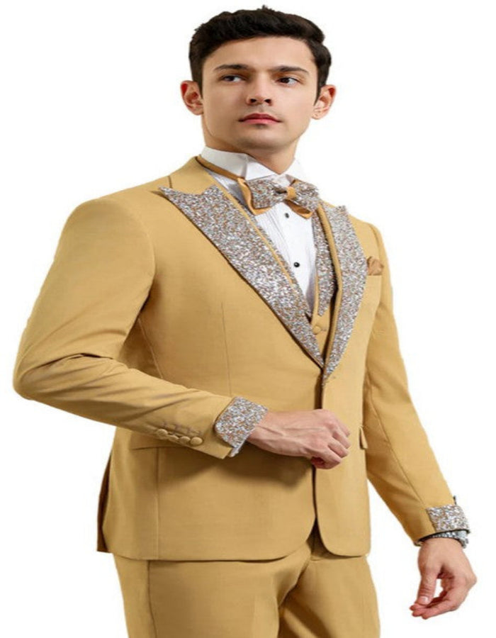 Champagne Prom Tuxedo - Perfect Wedding Suit Vested Rhinestone sequin Lapelled